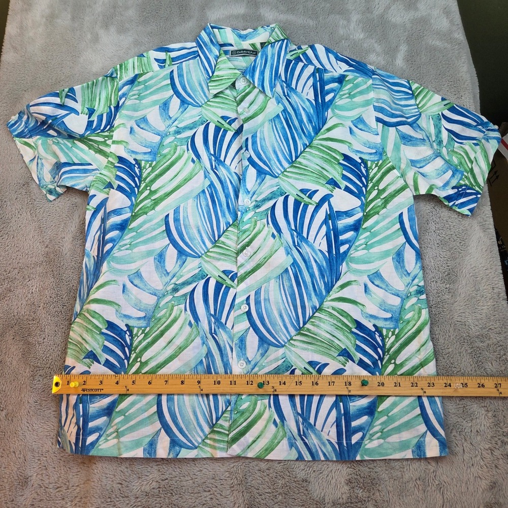 Cubavera Tropical Leaf Print Linen Blend Button Down‎ Shirt Mens XL Blue Green